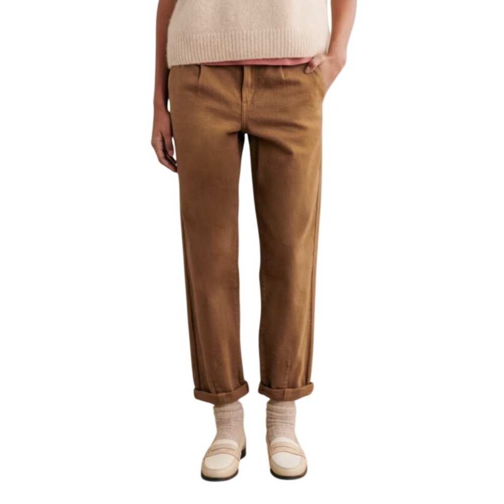 SEZANE Manu Trousers, Beige/Coffee, m Relaxed Twill Trousers, Pleated Size 38